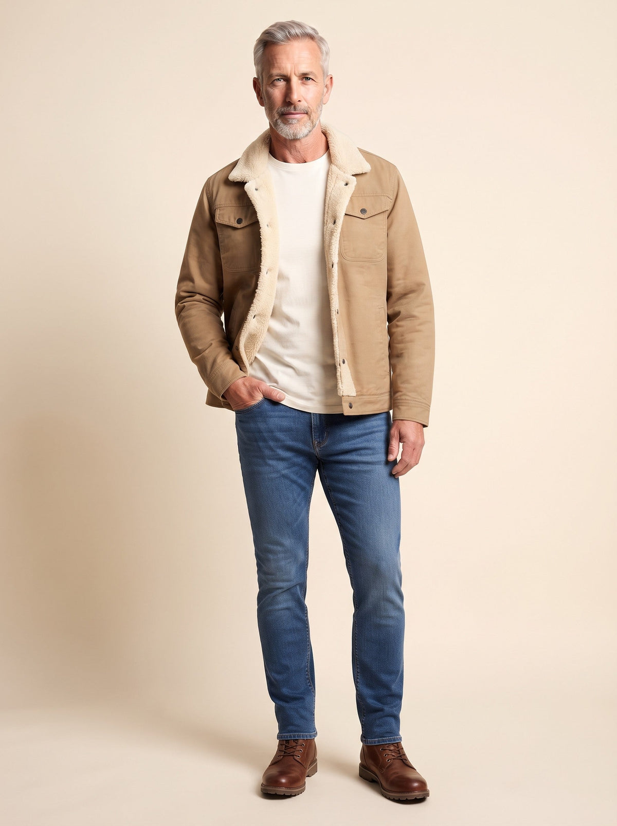 Men's Sherpa Lined Trucker Jacket – Khaki – on model