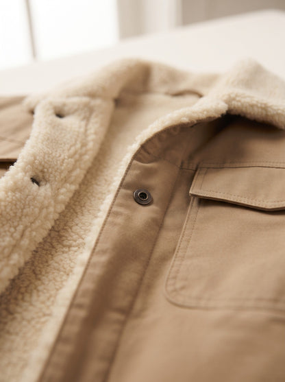 Men's Sherpa Lined Trucker Jacket – Khaki – sherpa collar and lining detail