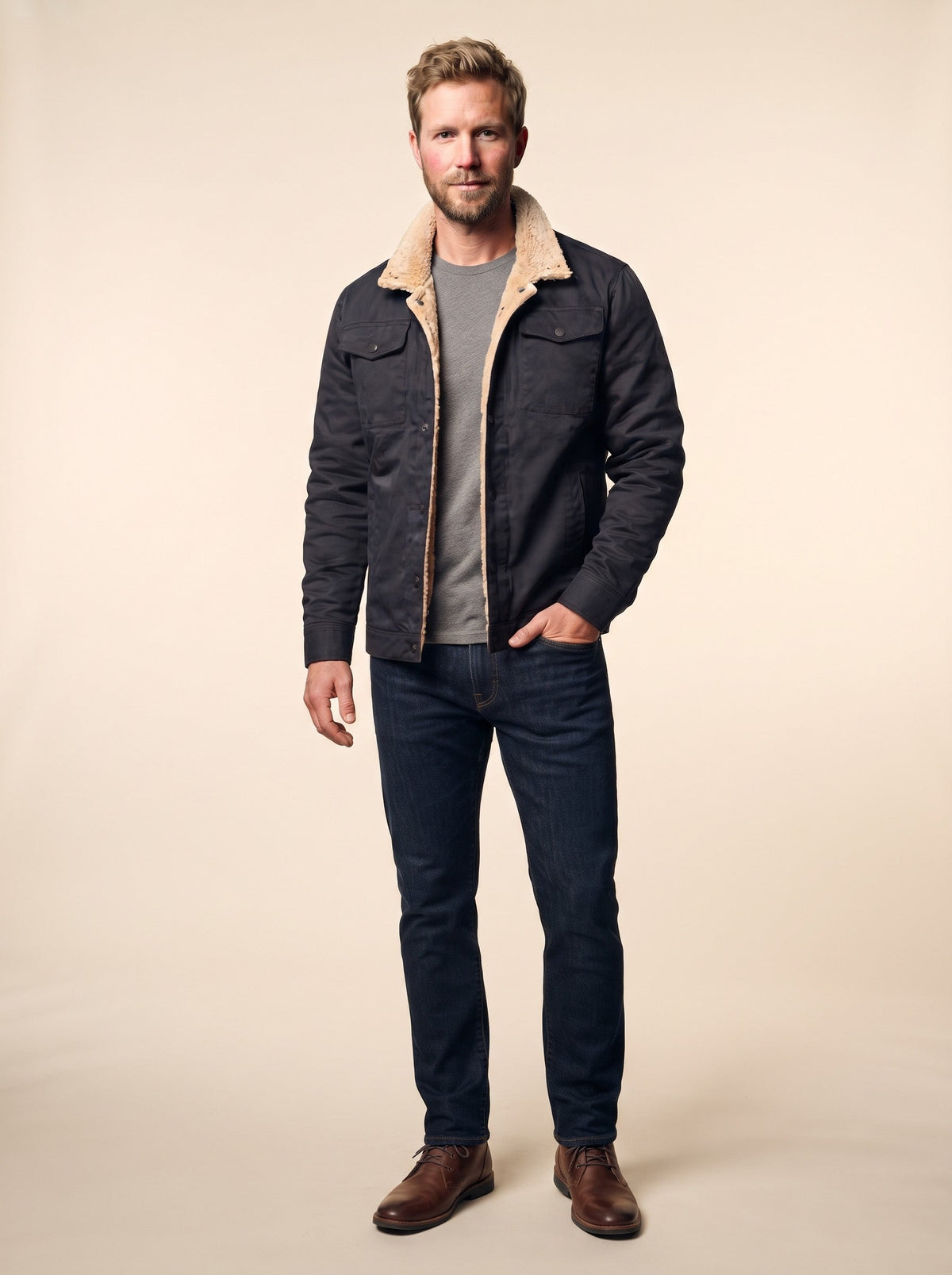 Men's Sherpa Lined Utility Jacket – Black – on model