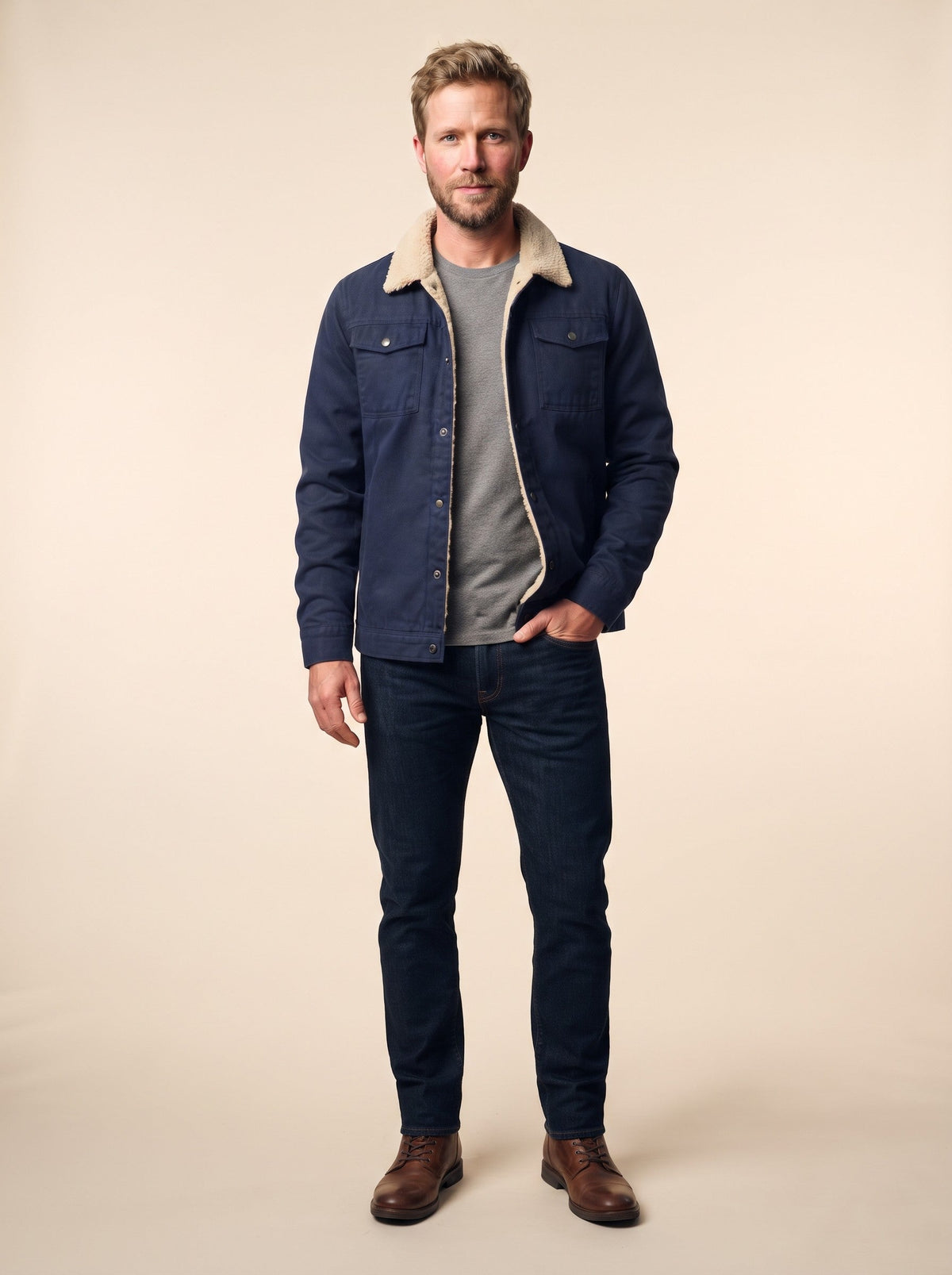 Men's Sherpa Lined Utility Jacket – Blue (Navy) – on model
