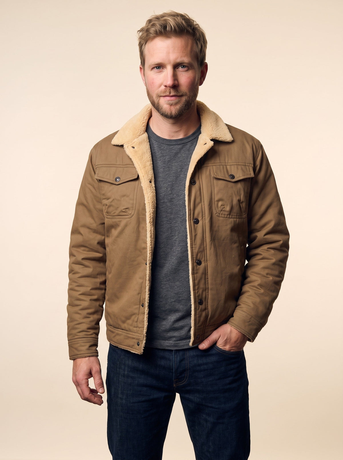 Men's Sherpa Lined Utility Jacket – Khaki – on model