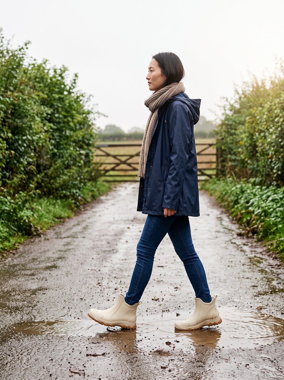 Short Wellington Boots – Beige – worn on a wet country lane