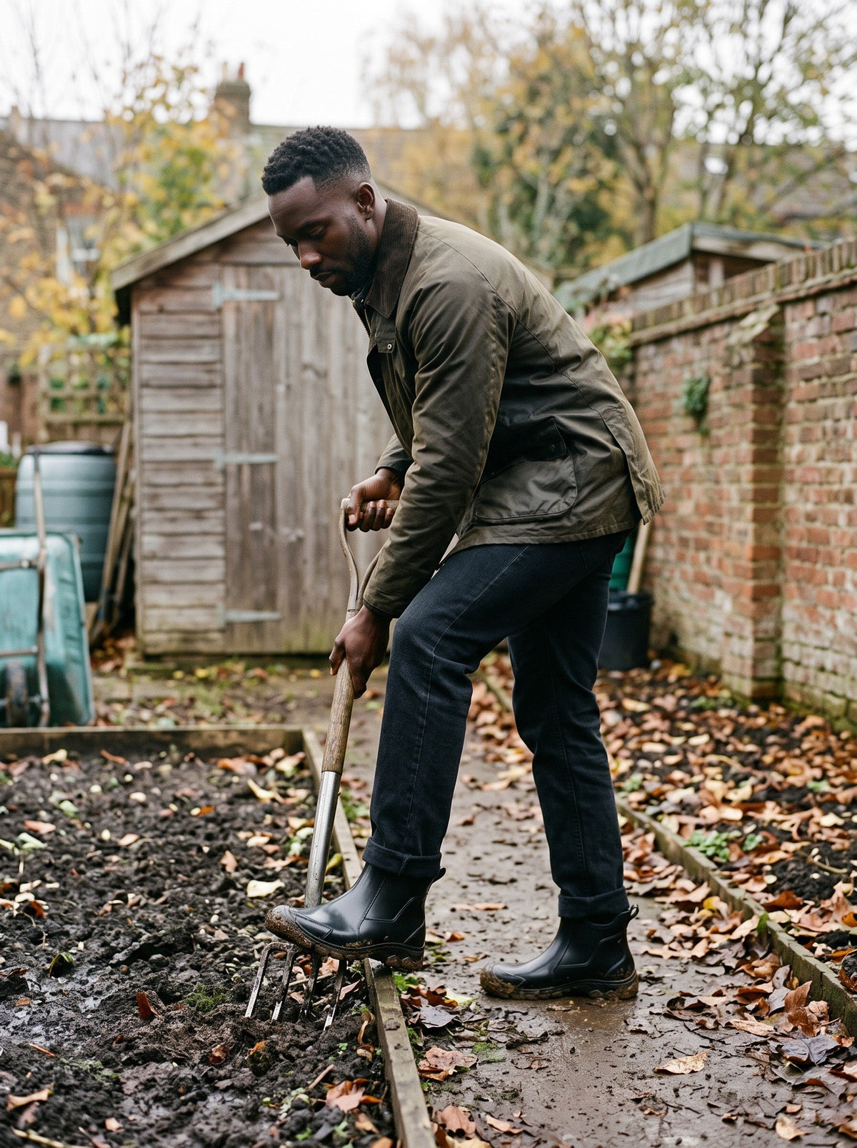 Short Wellington Boots – Black – worn in a muddy garden