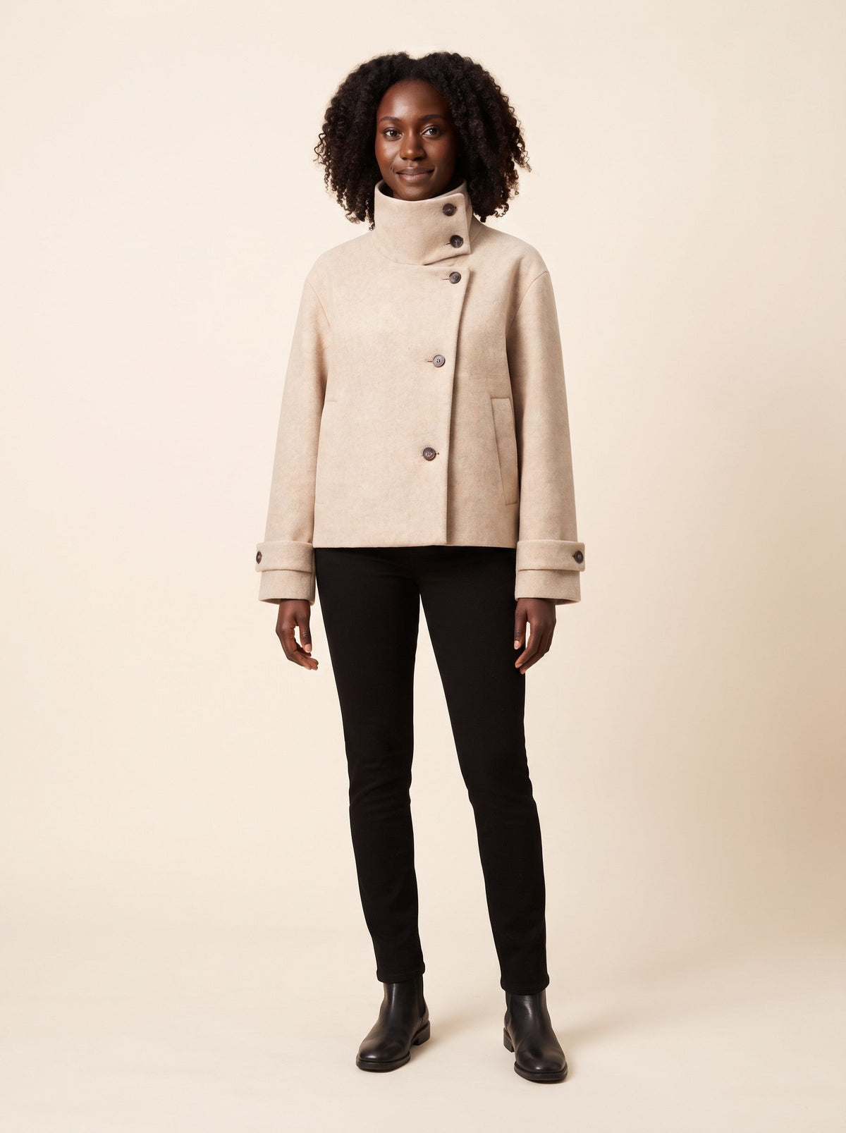 Women's Short Wool Blend Coat with Stand Collar – Beige – on model
