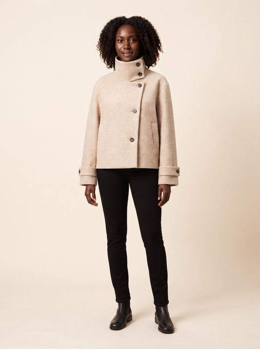 Women's Short Wool Blend Coat with Stand Collar – Beige – on model
