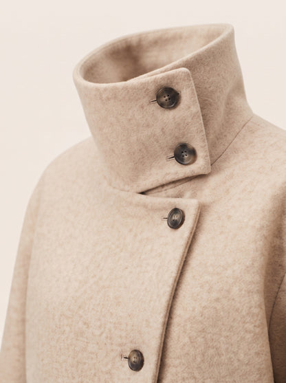 Women's Short Wool Blend Coat with Stand Collar – Beige – stand collar and asymmetric buttons detail