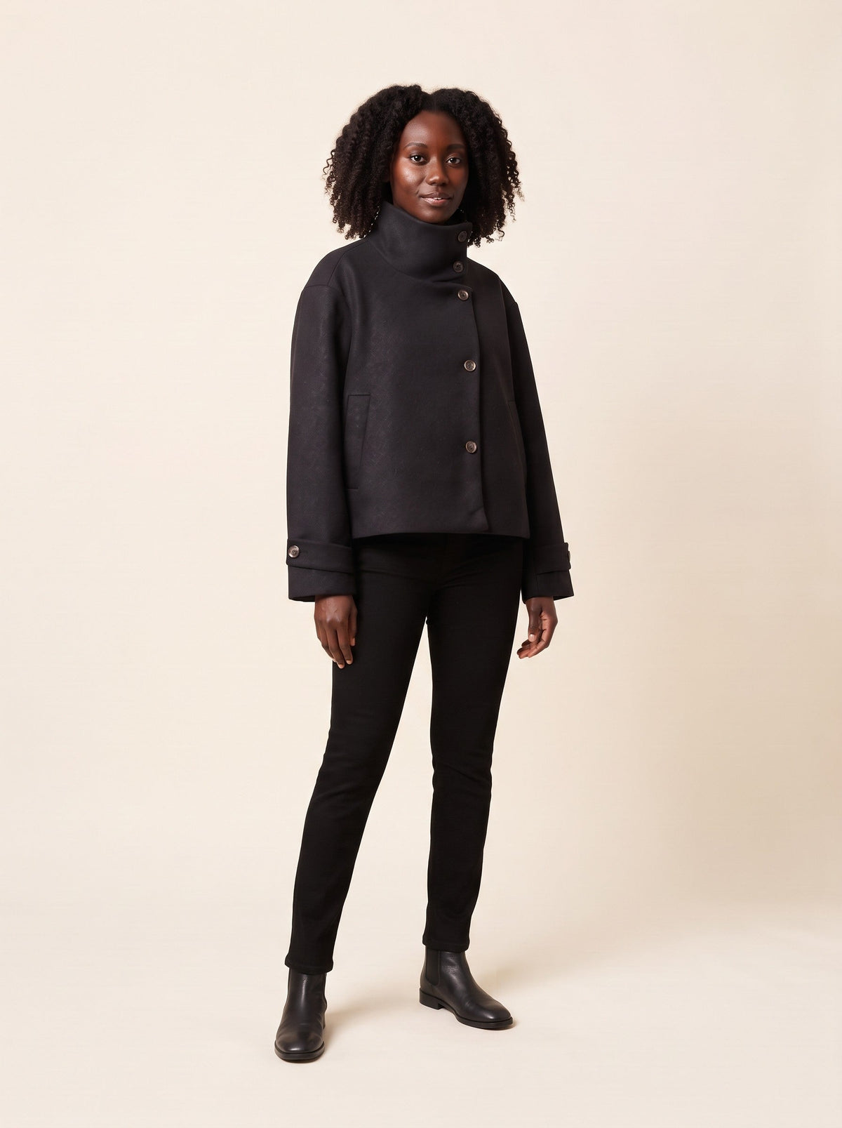 Women's Short Wool Blend Coat with Stand Collar – Black – on model