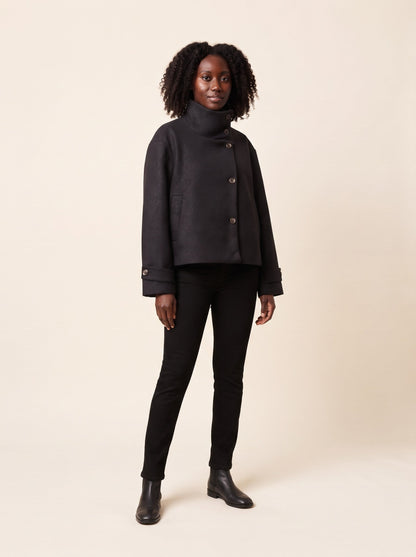 Women's Short Wool Blend Coat with Stand Collar – Black – on model