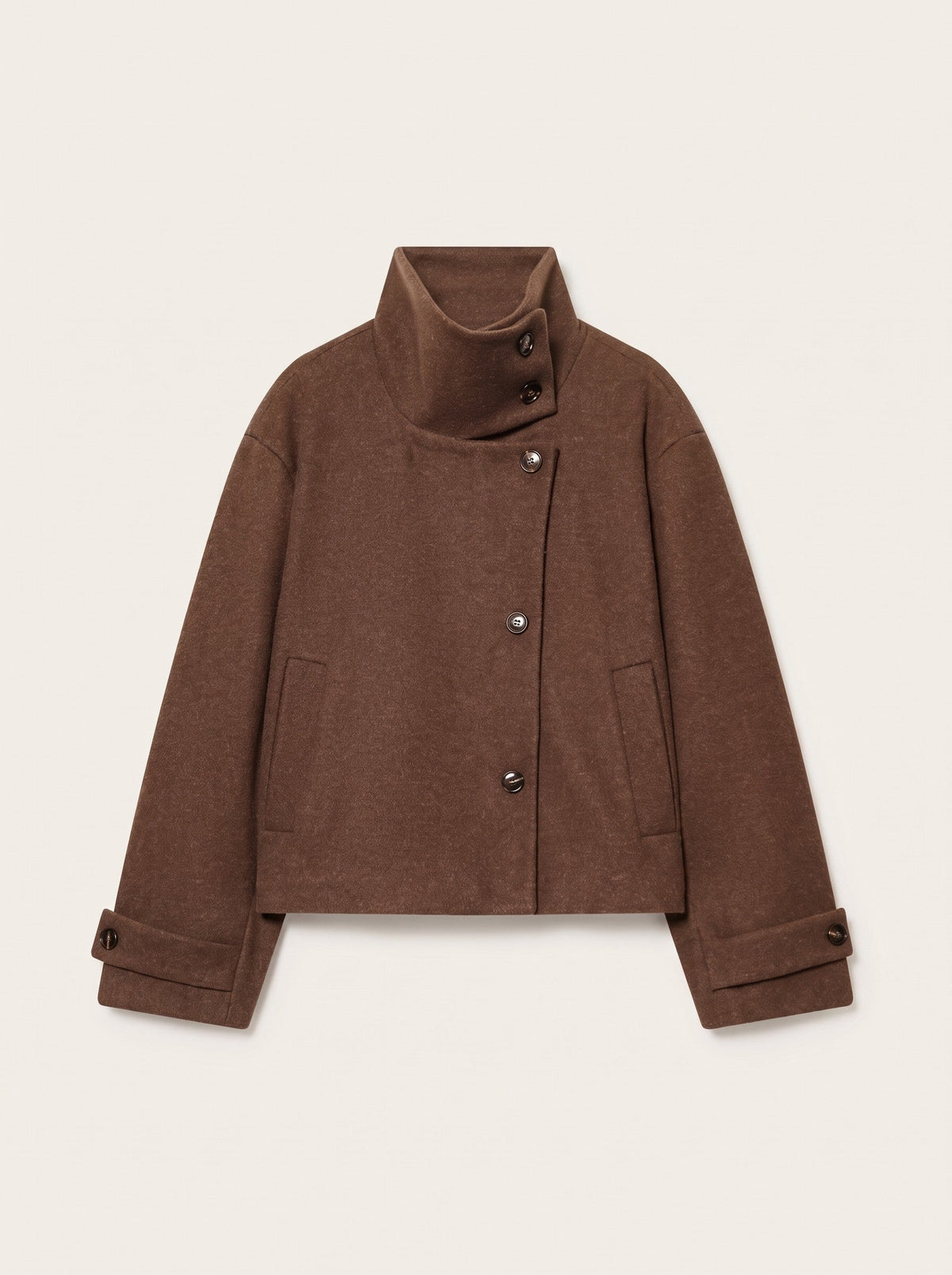 Women's Short Wool Blend Coat with Stand Collar – Brown – packshot