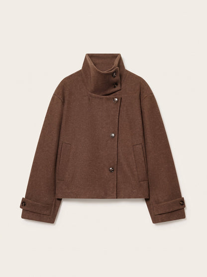 Women's Short Wool Blend Coat with Stand Collar – Brown – packshot