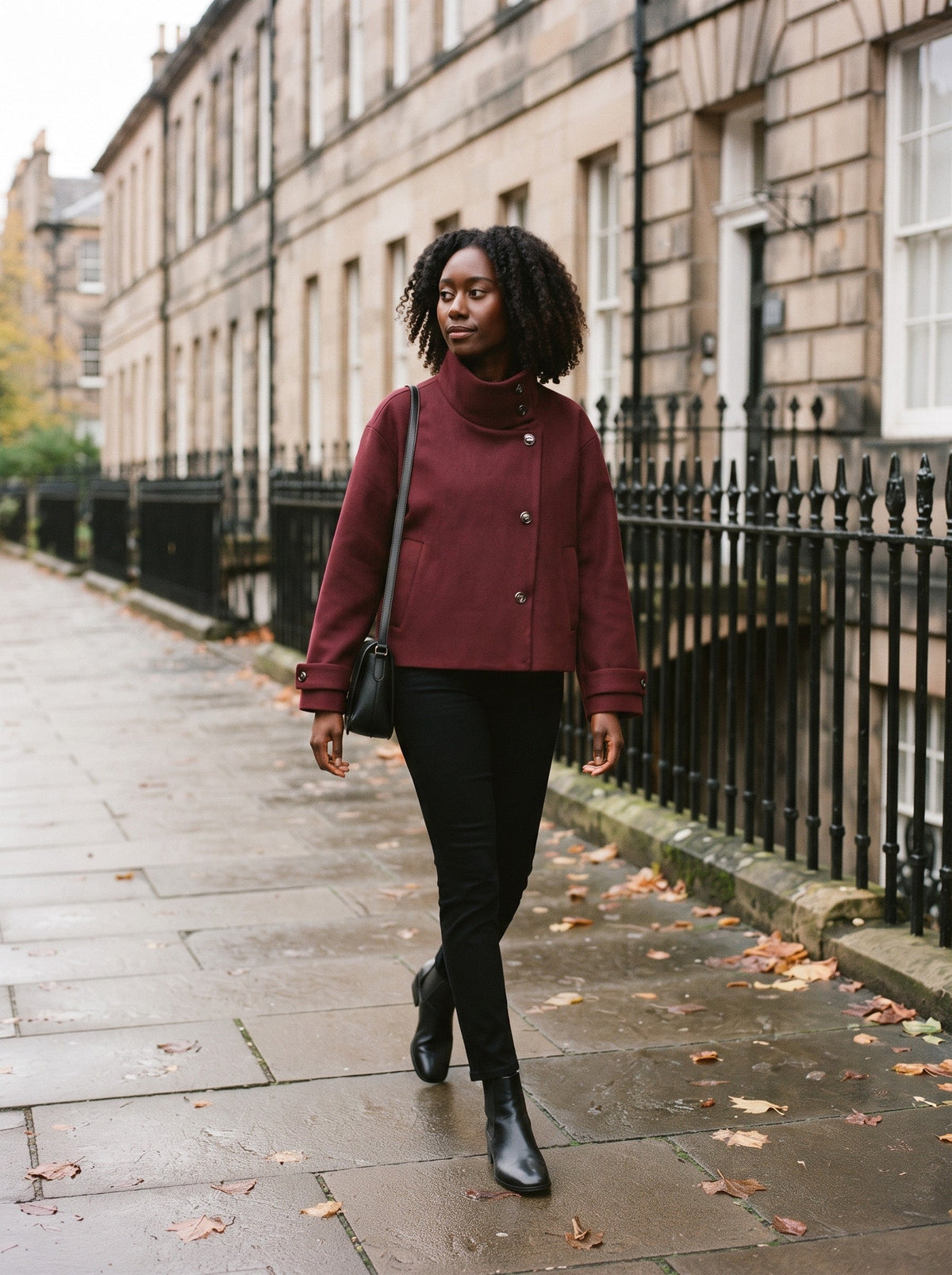 Women's Short Wool Blend Coat with Stand Collar – Burgundy – autumn city street