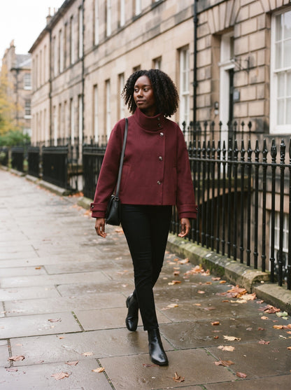 Women's Short Wool Blend Coat with Stand Collar – Burgundy – autumn city street