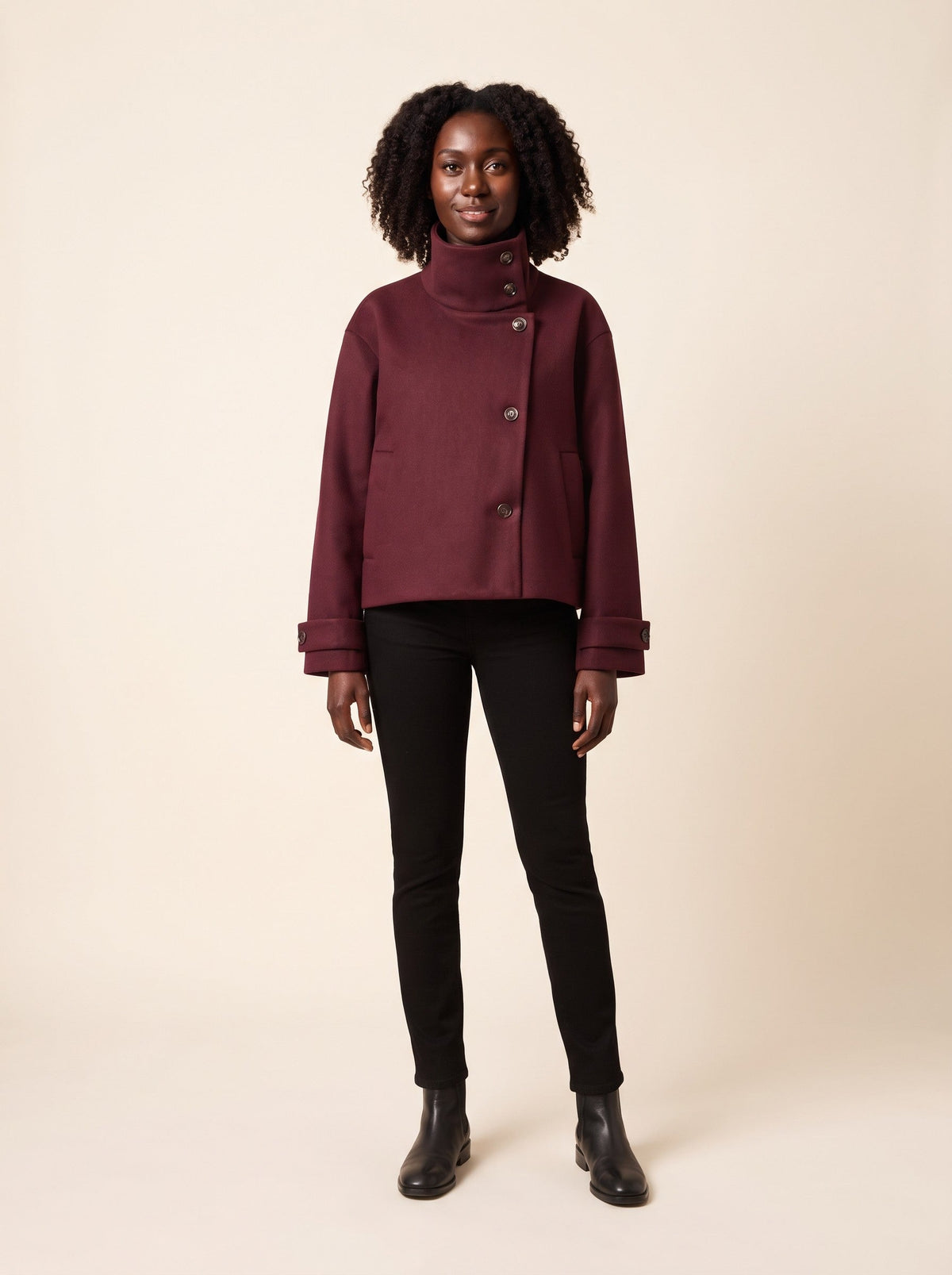 Women's Short Wool Blend Coat with Stand Collar – Burgundy – on model