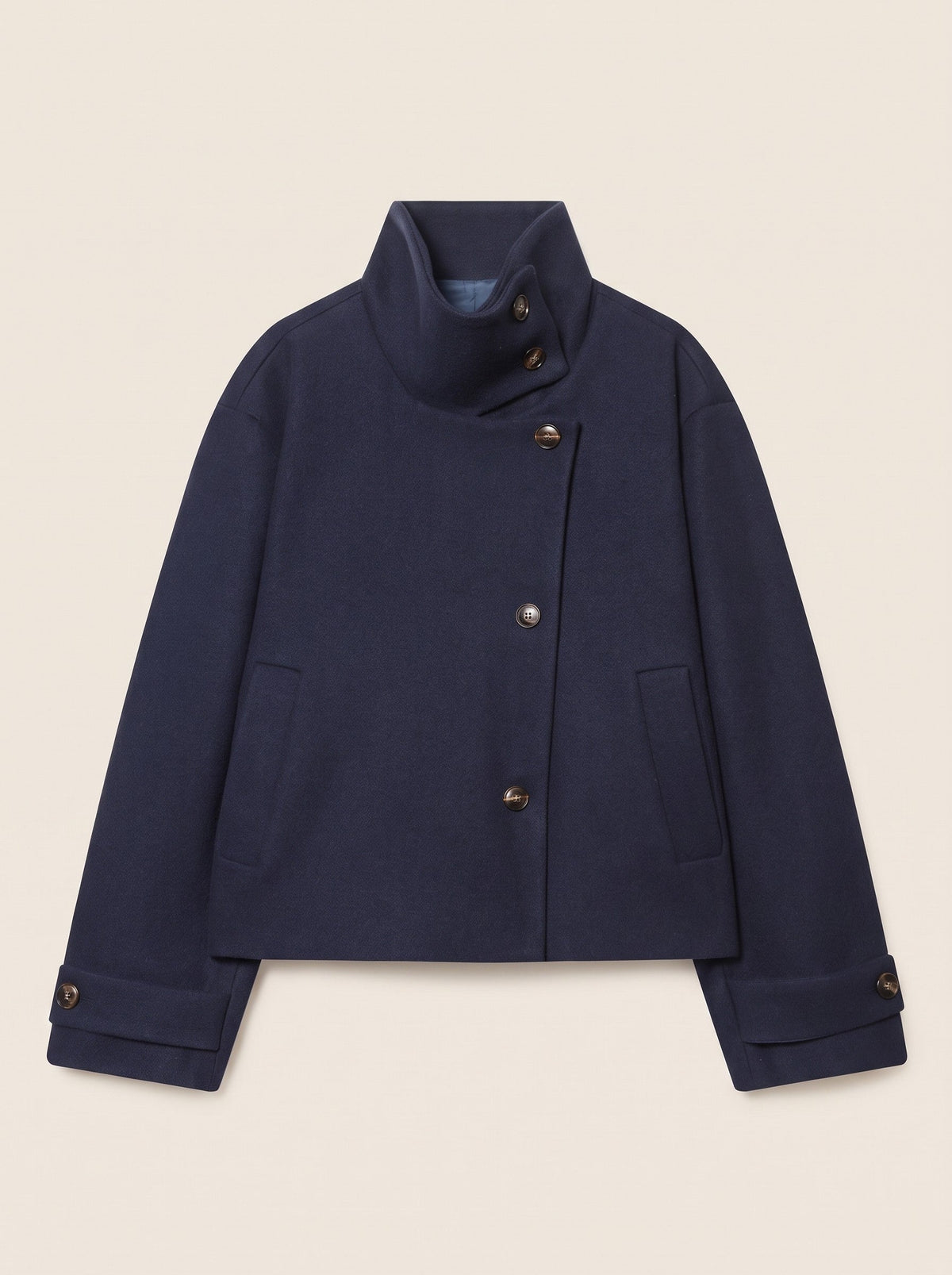 Women's Short Wool Blend Coat with Stand Collar – Dark Blue – packshot