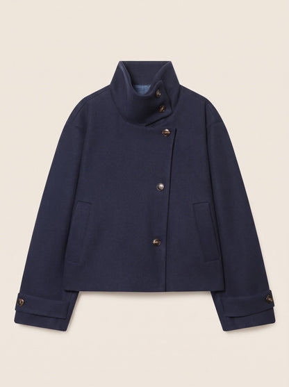 Women's Short Wool Blend Coat with Stand Collar – Dark Blue – packshot