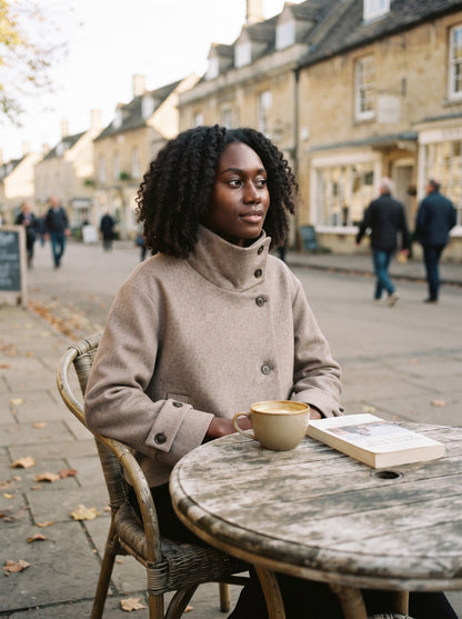 Women's Short Wool Blend Coat with Stand Collar – Khaki – market town café