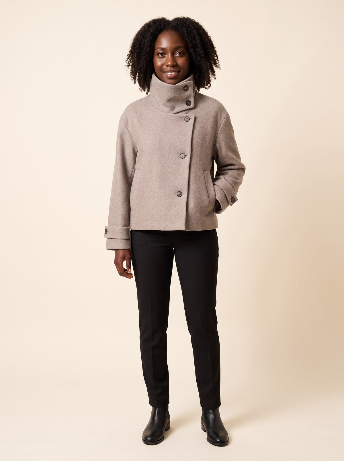 Women's Short Wool Blend Coat with Stand Collar – Khaki – on model