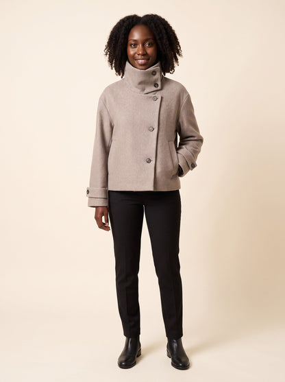 Women's Short Wool Blend Coat with Stand Collar – Khaki – on model