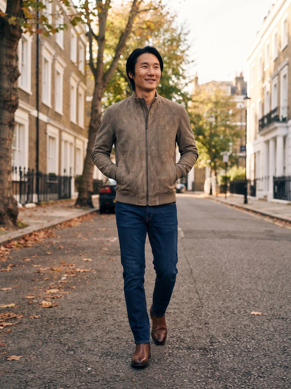 Men's Suede-Feel Bomber Jacket – Khaki – lifestyle