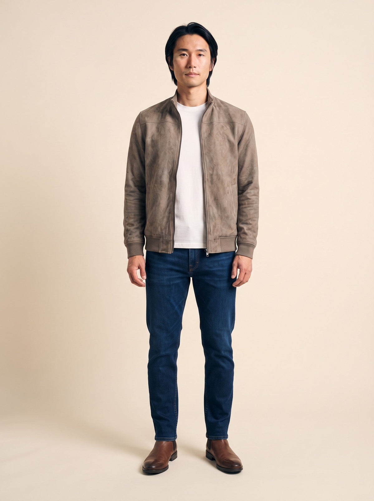 Men's Suede-Feel Bomber Jacket – Khaki – on model