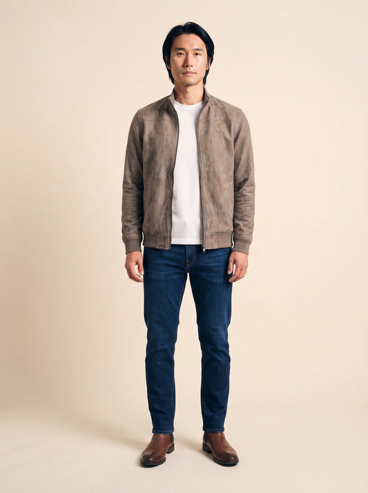 Men's Suede-Feel Bomber Jacket – Khaki – on model