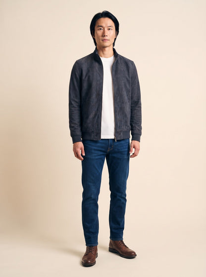 Men's Suede-Feel Bomber Jacket – Navy Blue – on model