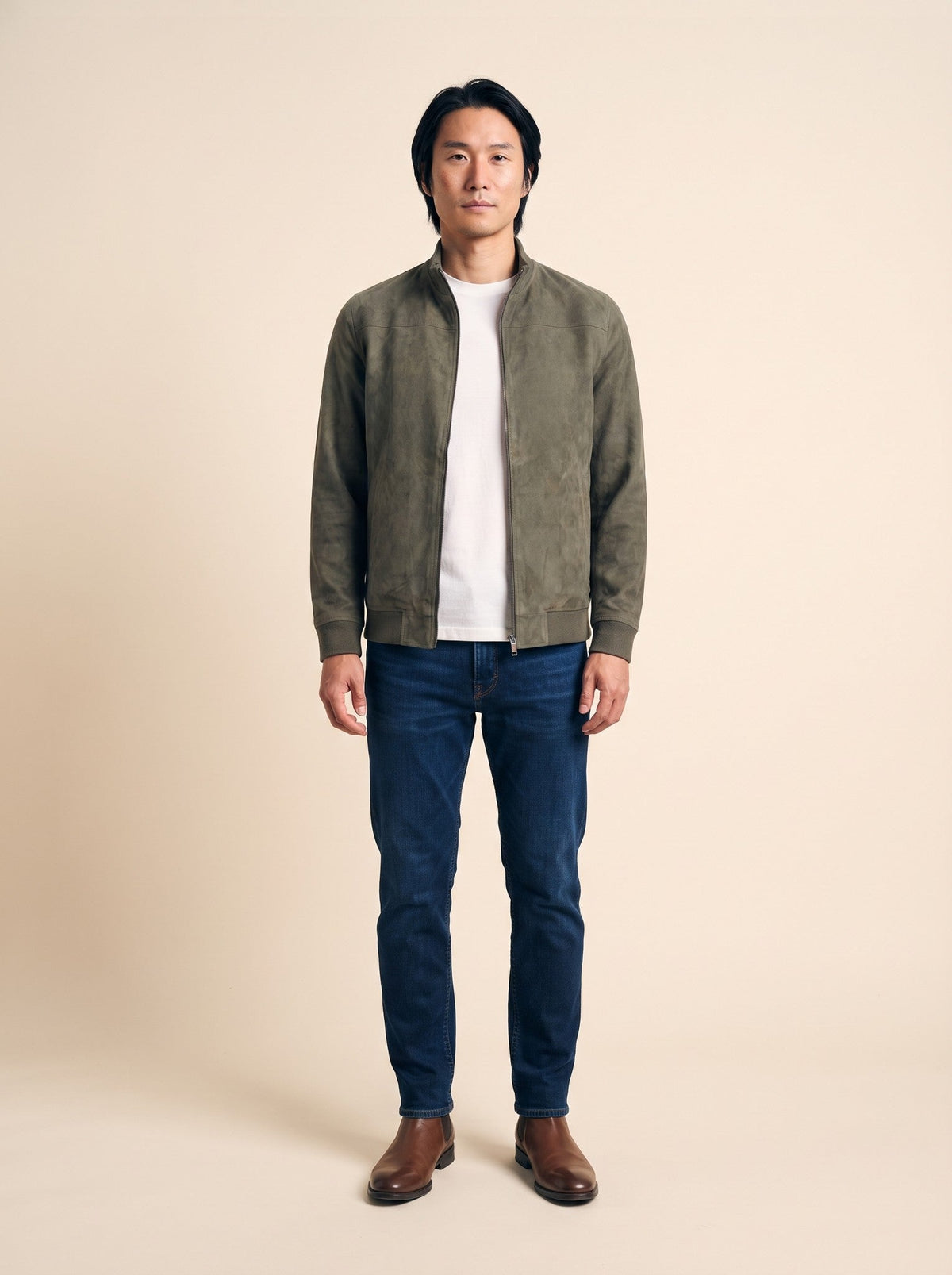 Men's Suede-Feel Bomber Jacket – Olive Green – on model