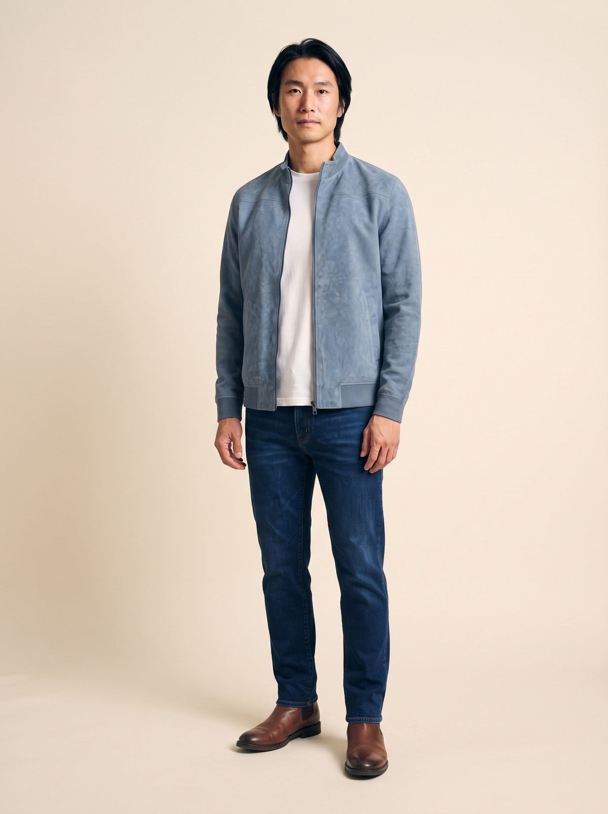 Men's Suede-Feel Bomber Jacket – Sky Blue – on model