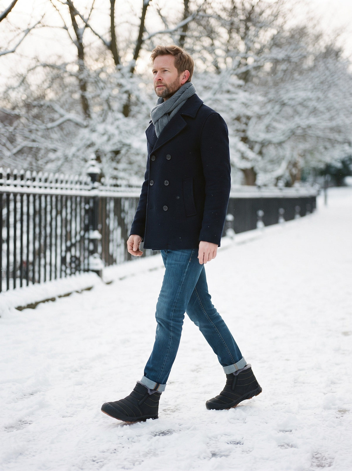 Unisex Fleece Lined Snow Boots – Black – worn on a snowy park path