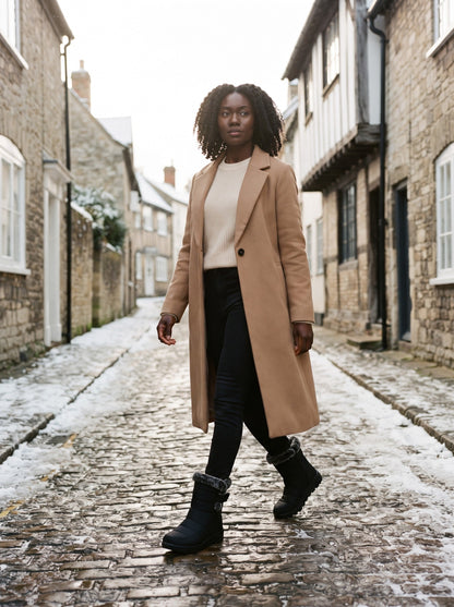 Women's Winter Snow Boots – Black – worn on a snowy cobbled street