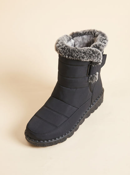 Women's Winter Snow Boots – Black – plush lining, faux-fur cuff and strap detail