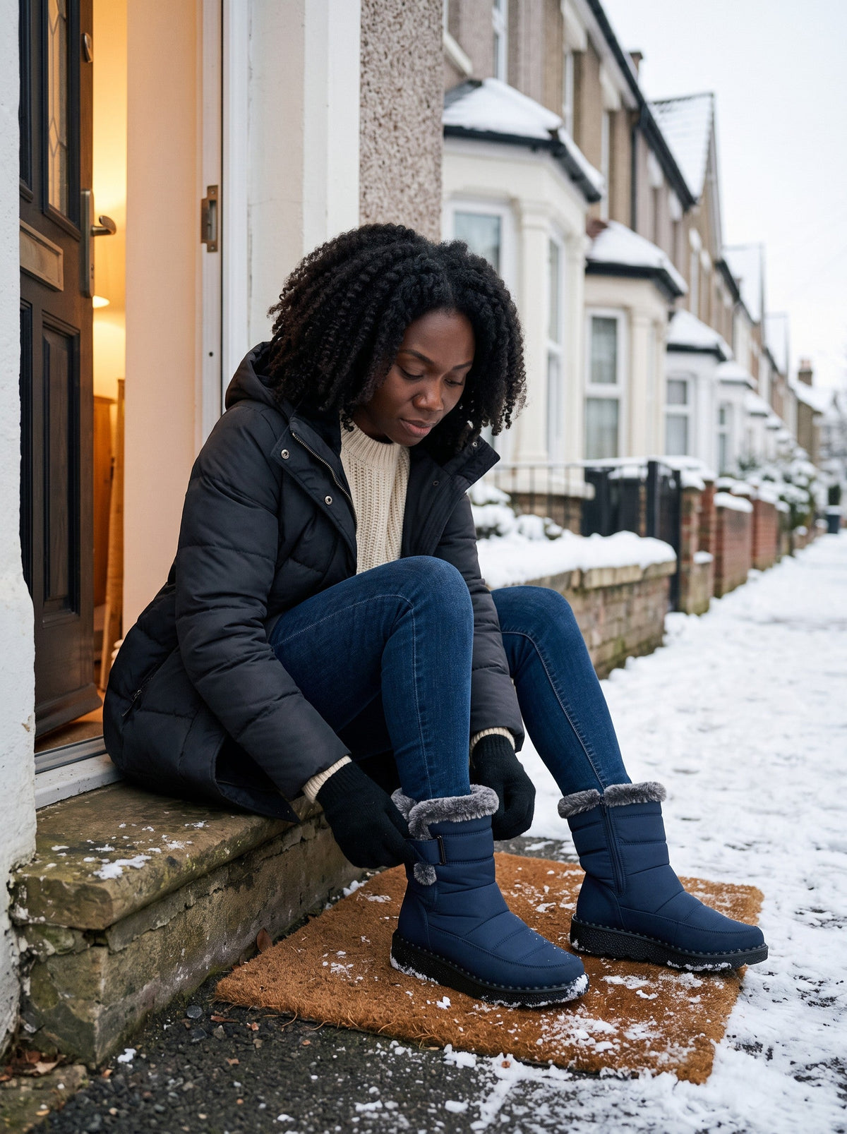 Women's Winter Snow Boots – Blue – fastening the hook-and-loop strap on a snowy doorstep