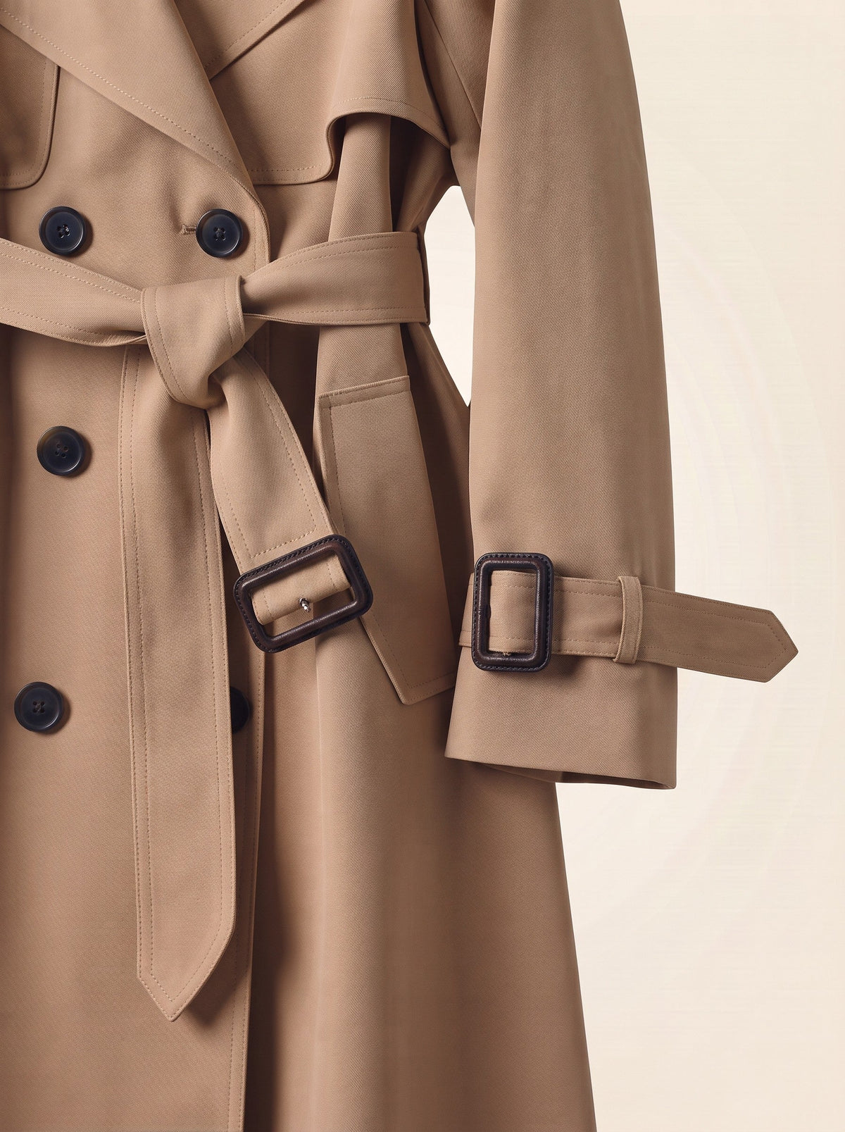 Women's Double-Breasted Trench Coat – Beige – tie belt and buckled cuff detail