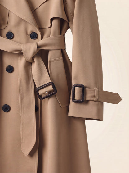 Women's Double-Breasted Trench Coat – Beige – tie belt and buckled cuff detail