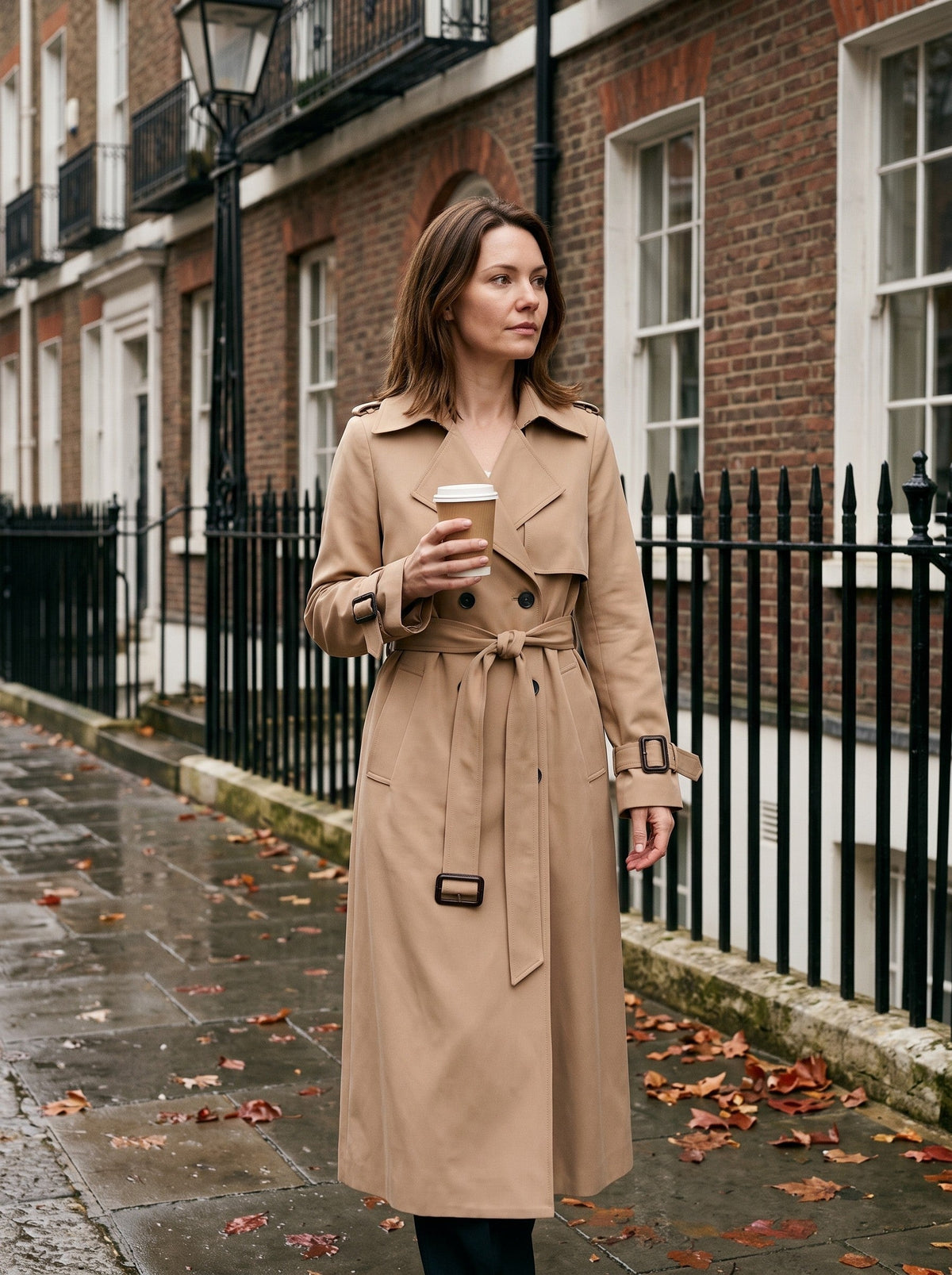 Women's Double-Breasted Trench Coat – Beige – autumn street