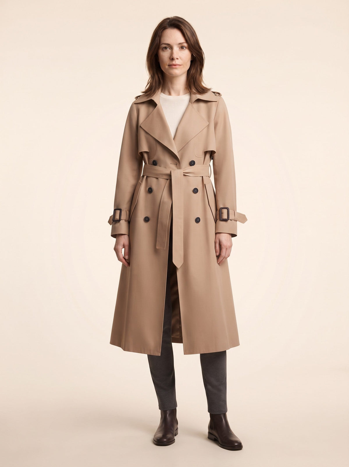 Women's Double-Breasted Trench Coat – Beige – on model