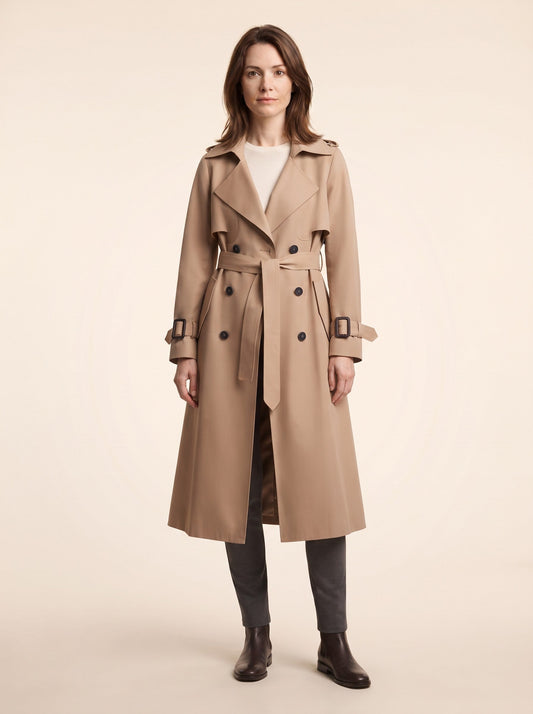 Women's Double-Breasted Trench Coat – Beige – on model
