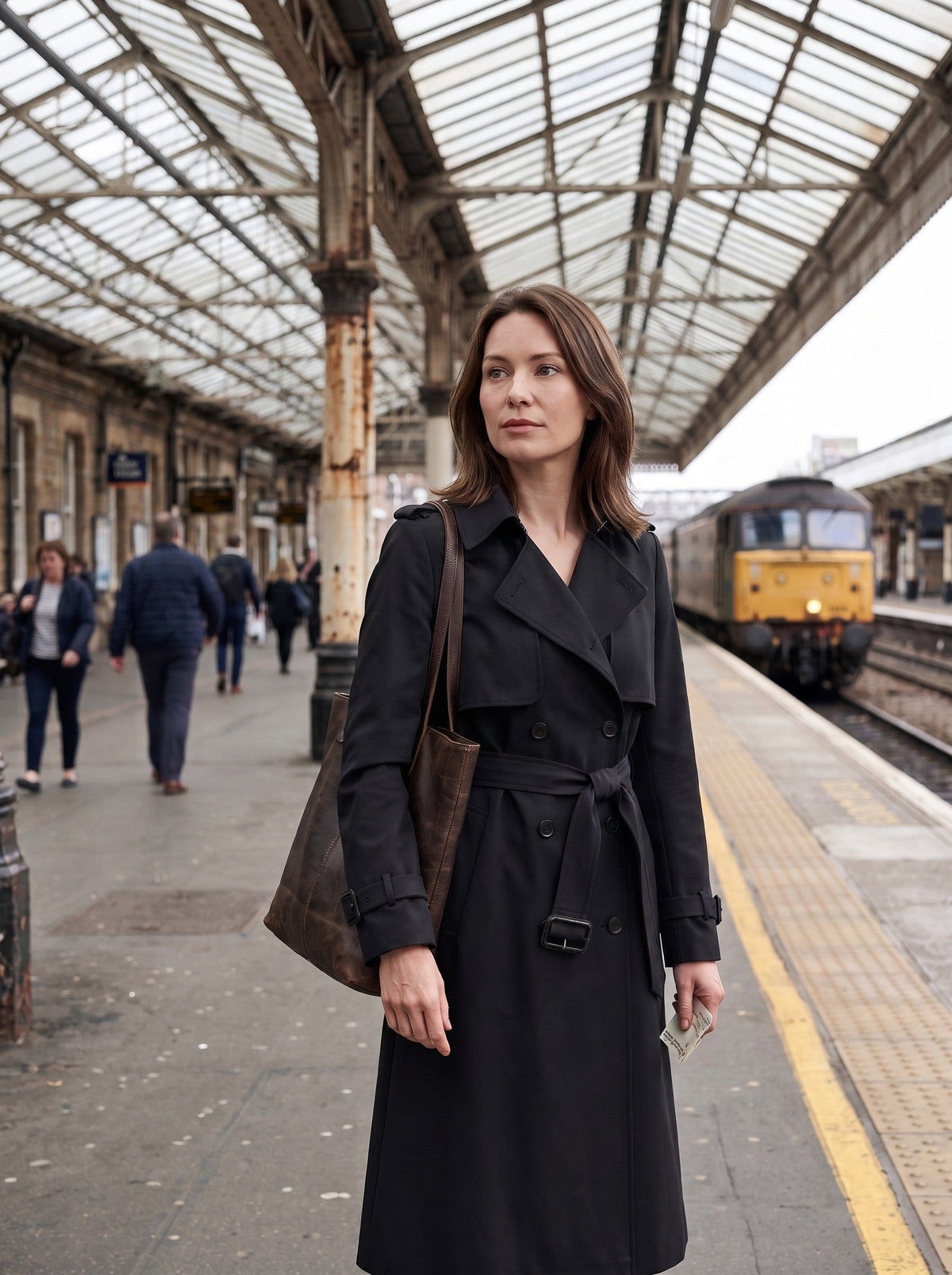 Women's Double-Breasted Trench Coat – Black – station platform