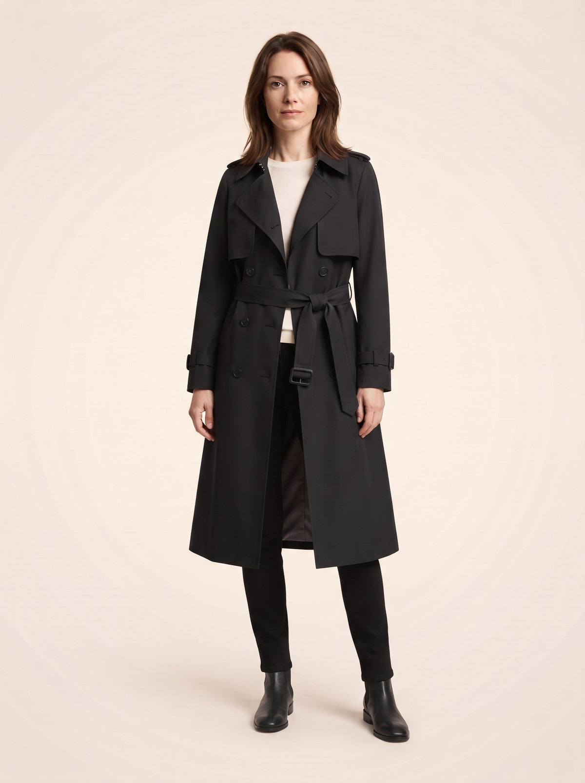 Women's Double-Breasted Trench Coat – Black – on model