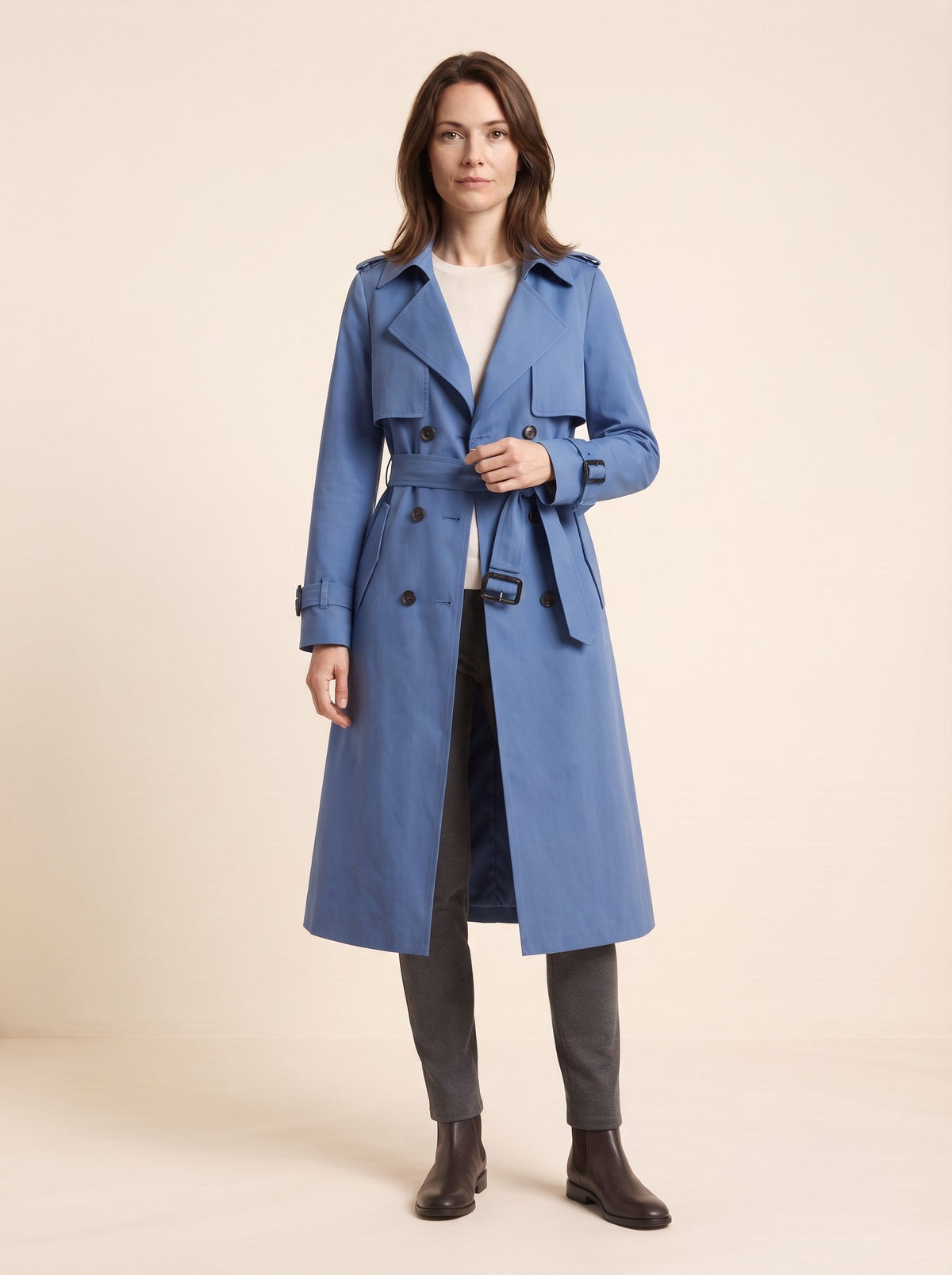 Women's Double-Breasted Trench Coat – Blue – on model