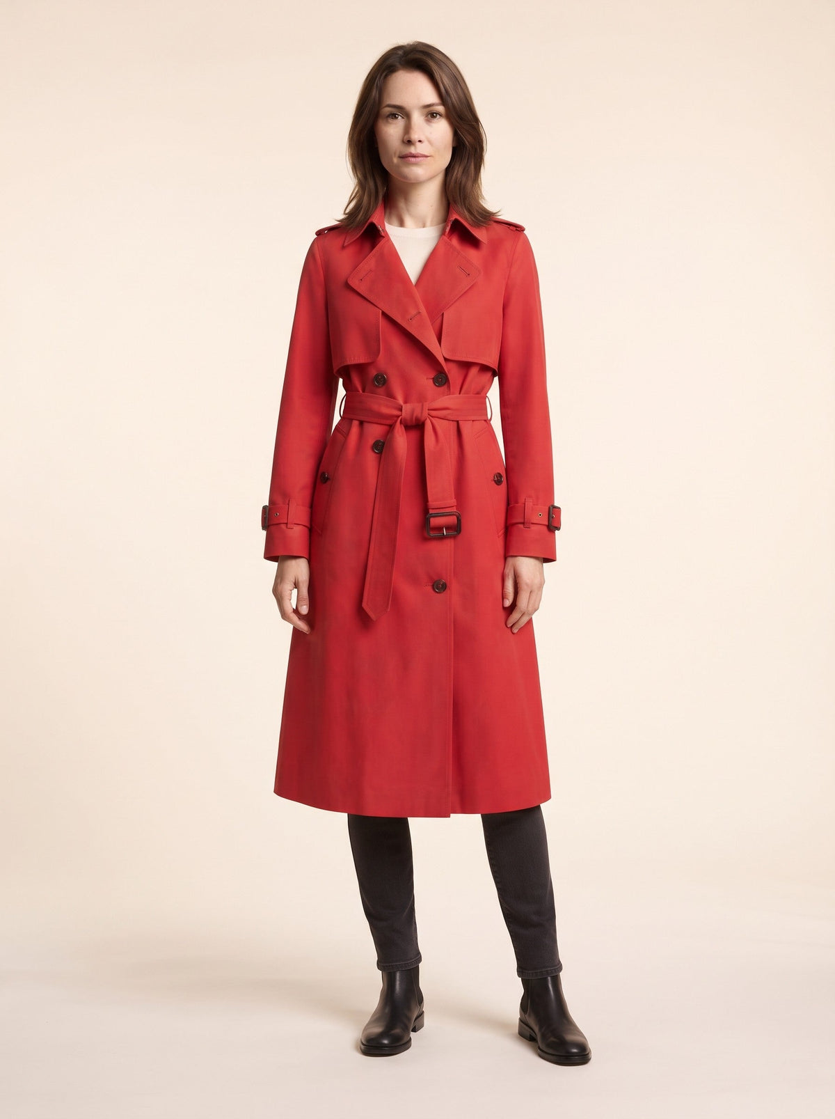 Women's Double-Breasted Trench Coat – Red – on model