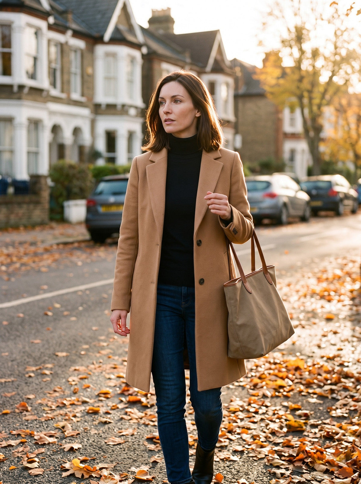Women's Turtleneck Jumper – Black – worn under a coat on an autumn street