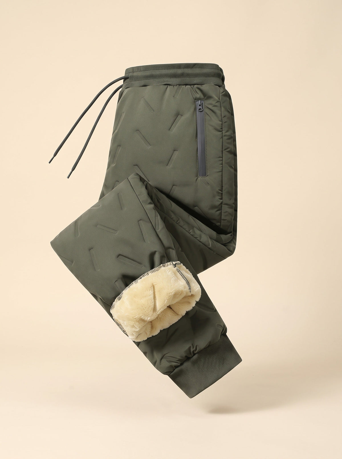 Unisex Fleece-Lined Winter Trousers – Army Green – Elastic Cuff – folded, lining view