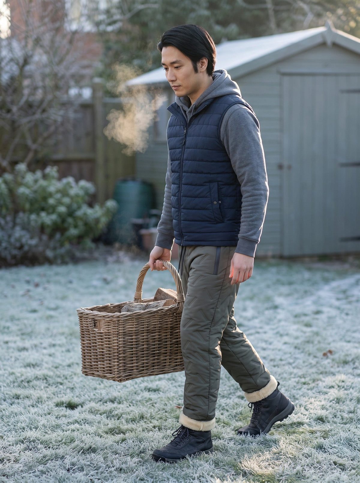 Unisex Fleece-Lined Winter Trousers – Army Green – worn in the garden