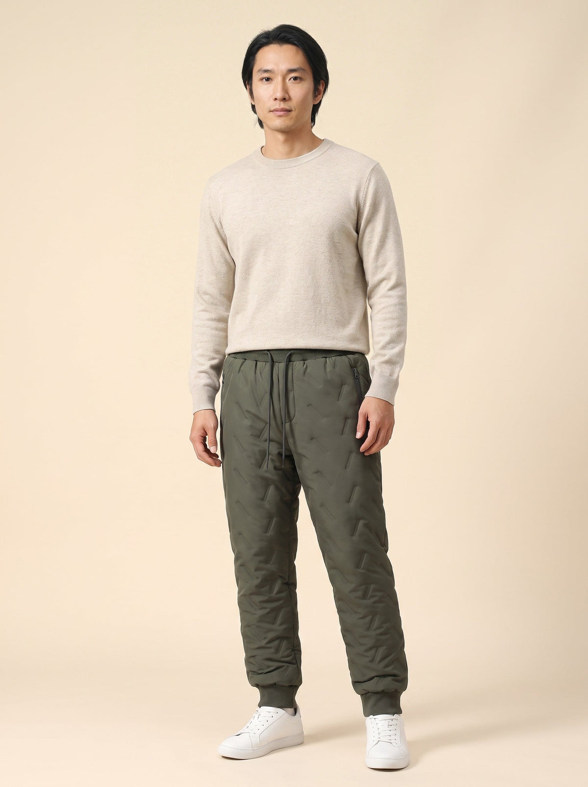 Unisex Fleece-Lined Winter Trousers – Army Green – Elastic Cuff – on model