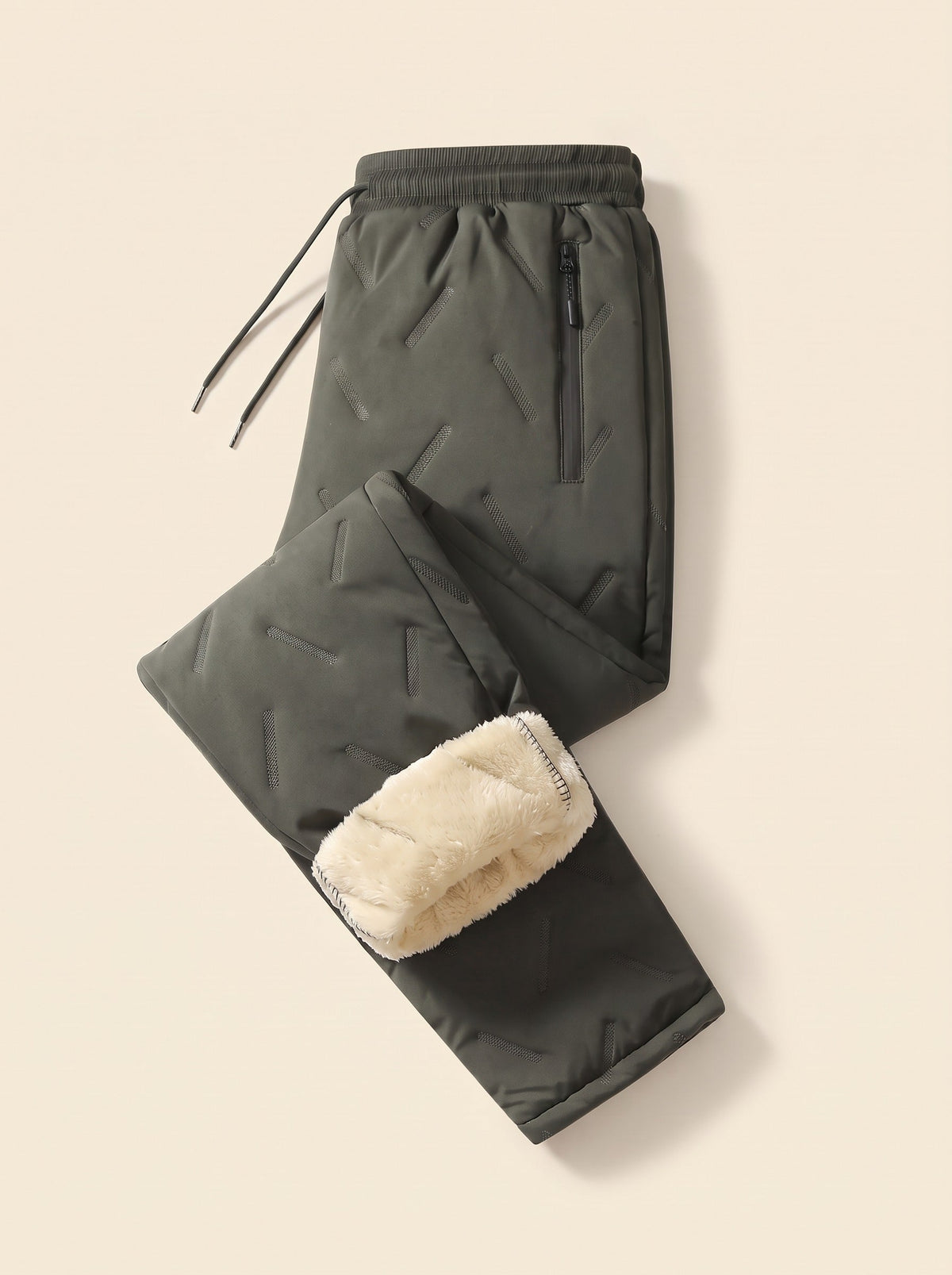 Unisex Fleece-Lined Winter Trousers – Army Green – Straight Hem – folded, lining view