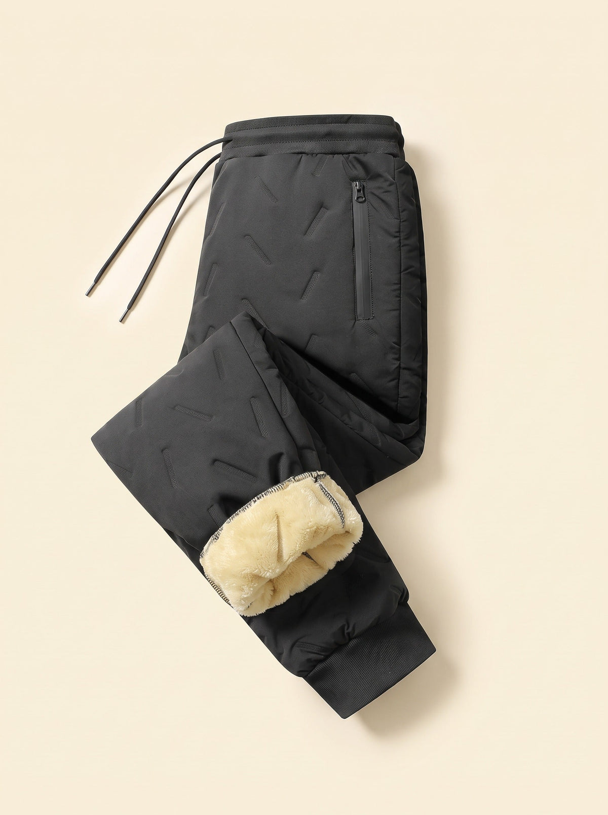 Unisex Fleece-Lined Winter Trousers – Black – Elastic Cuff – folded, lining view