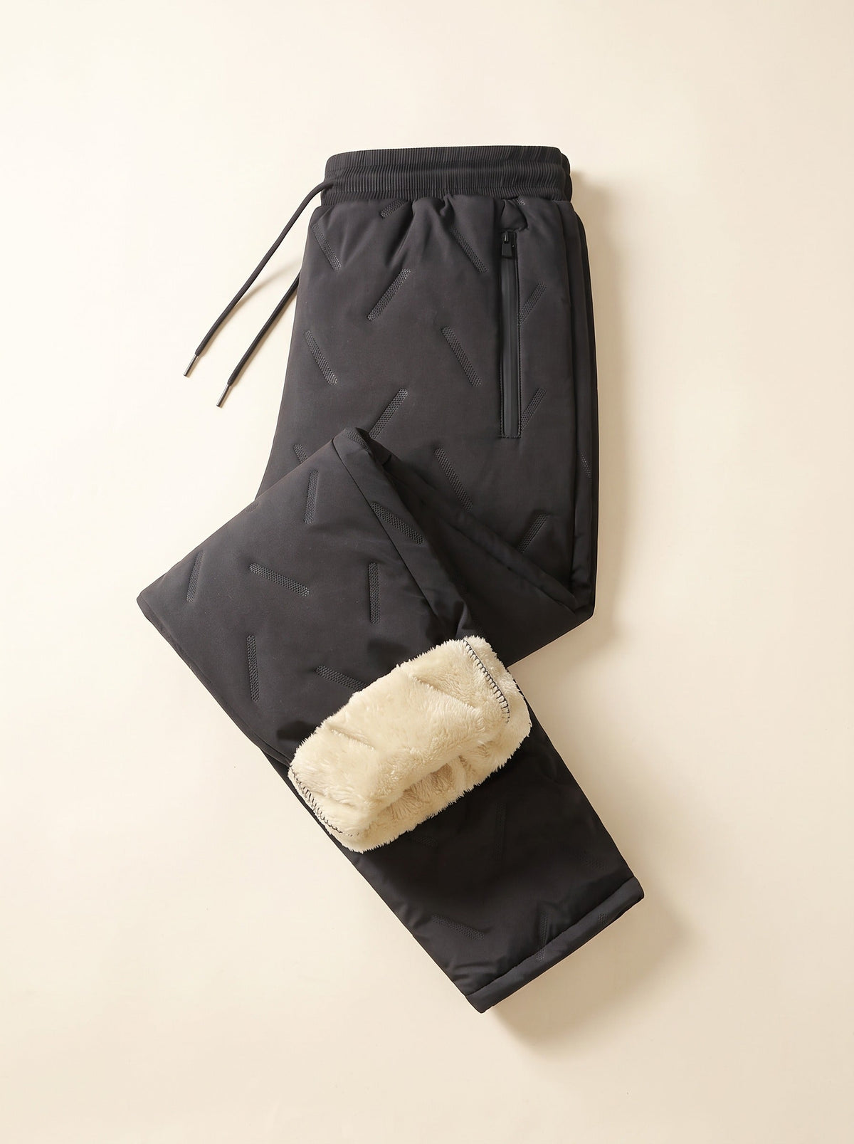 Unisex Fleece-Lined Winter Trousers – Black – Straight Hem – folded, lining view