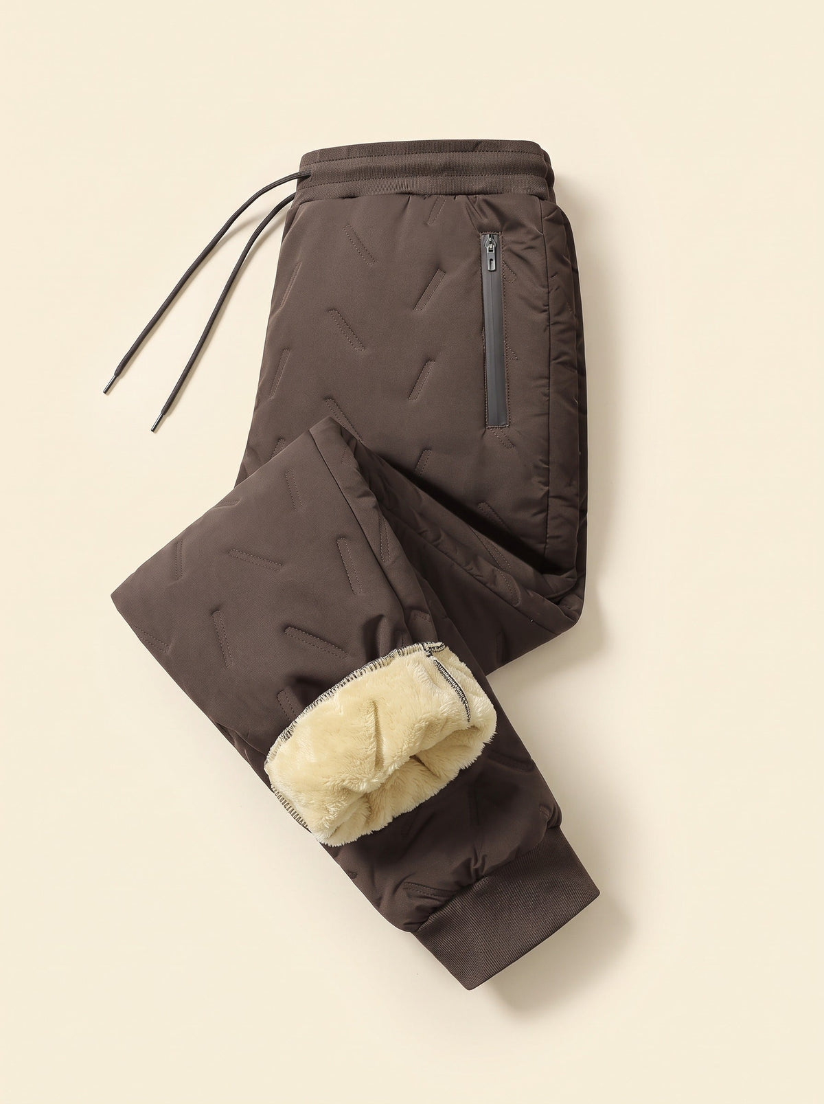 Unisex Fleece-Lined Winter Trousers – Brown – Elastic Cuff – folded, lining view