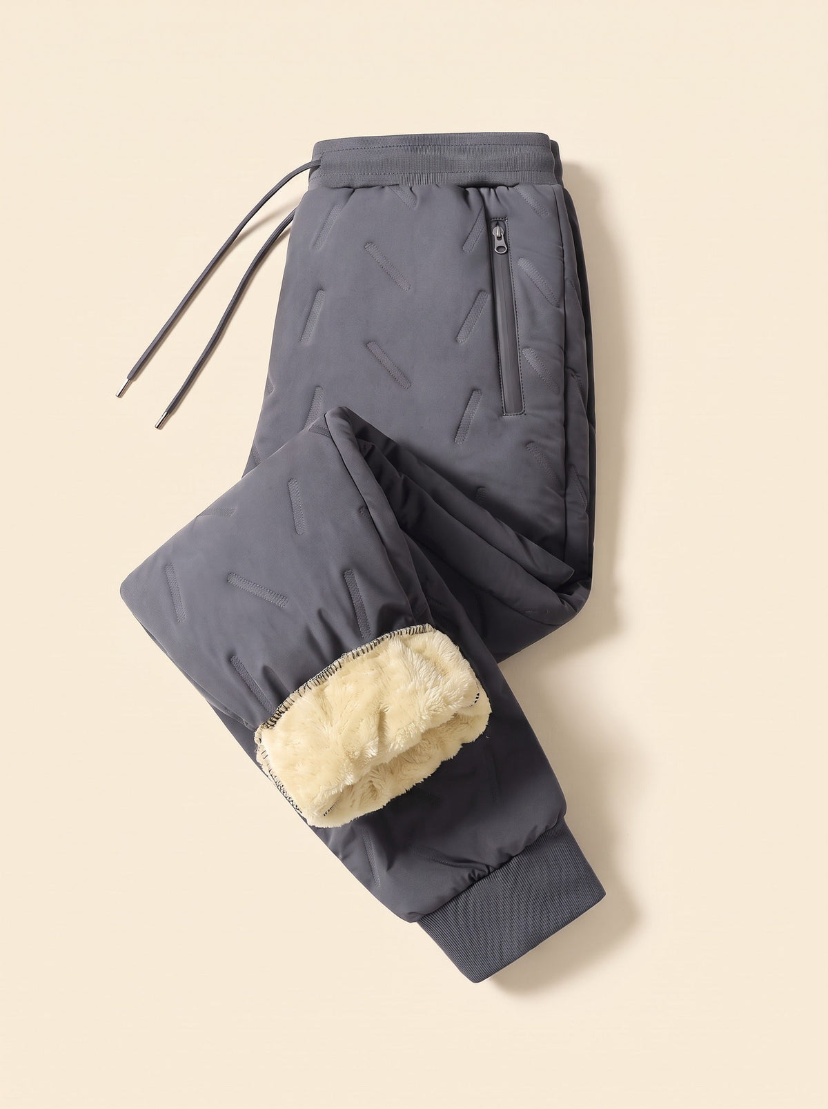Unisex Fleece-Lined Winter Trousers – Grey – Elastic Cuff – folded, lining view